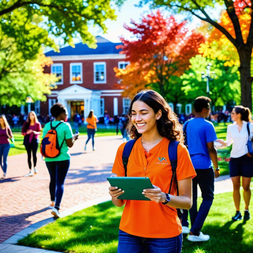 A person happily navigating through a vibrant UVA campus, browsing job vacancies on a tablet, surrounded by diverse students engaging in career discussions, symbolizing connection and fulfillment. Bright colors to convey optimism, with an inviting atmosphere and elements like trees and buildings reflecting the UVA spirit. super-realistic. vibrant colors. 3D.