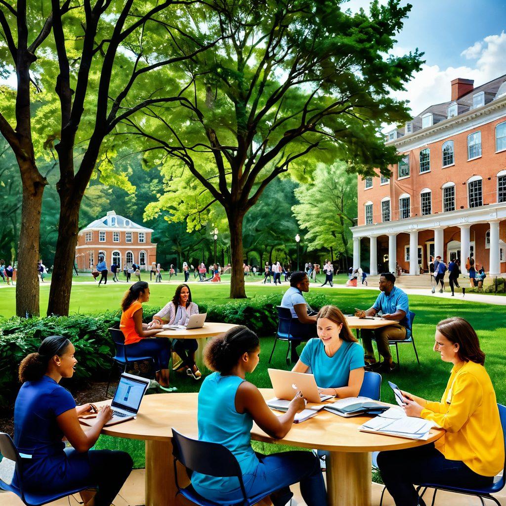 A vibrant and dynamic scene depicting diverse individuals joyfully engaged in various professional environments, symbolizing career satisfaction. The background features the iconic UVA campus, with lush greenery and engaging workspaces. Include elements of collaboration, innovation, and personal growth, like brainstorming sessions and happy interactions. Use bright colors to evoke positivity and energy. super-realistic. vibrant colors. outdoor setting.