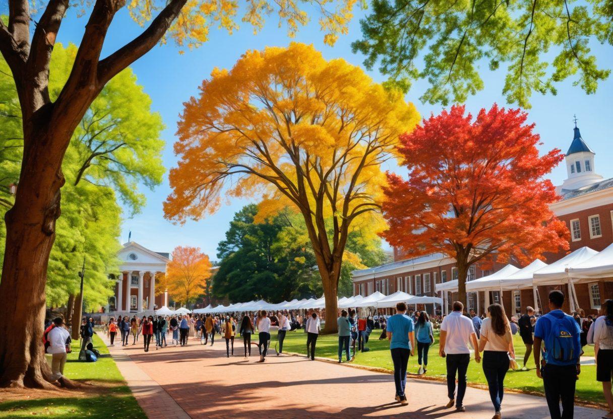 A serene university campus at UVA, featuring students engaging enthusiastically in career discussions under vibrant trees. Showcase a diverse group of graduates holding job offers with expressions of joy and excitement. In the background, iconic UVA architecture and career fair banners conveying opportunities. The scene should emit a sense of community and professional growth. bright colors. painting.